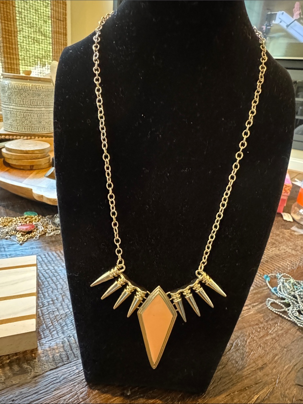 Vintage Gold-Tone Necklace with Peach Pendant and Spike Accents
